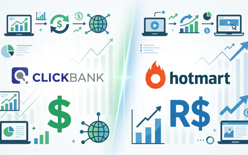 Comparação entre Clickbank e Hotmart mostrando as duas plataformas lado a lado