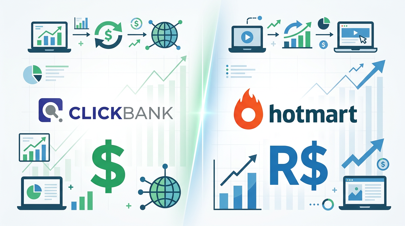 Comparação entre Clickbank e Hotmart mostrando as duas plataformas lado a lado