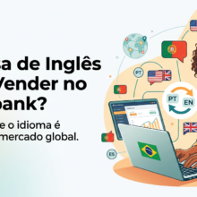 Pessoa brasileira usando laptop com ícones de idiomas ao redor, representando venda no Clickbank sem inglês