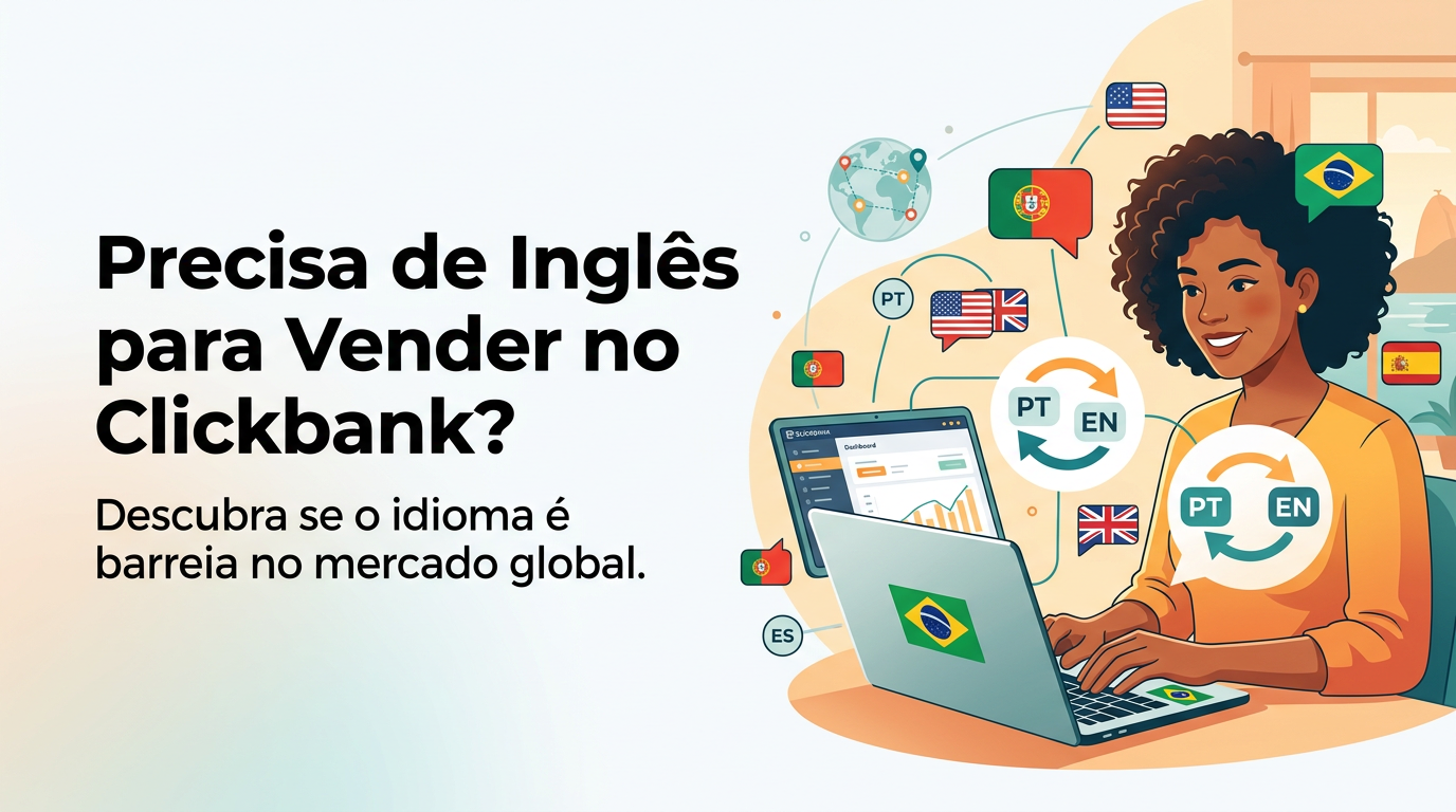 Pessoa brasileira usando laptop com ícones de idiomas ao redor, representando venda no Clickbank sem inglês