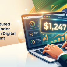 Pessoa digitando em notebook com tela mostrando US$ 1.247 em comissões do Clickbank