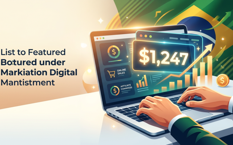 Pessoa digitando em notebook com tela mostrando US$ 1.247 em comissões do Clickbank