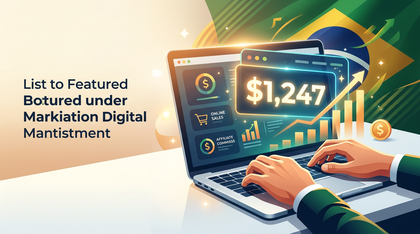 Pessoa digitando em notebook com tela mostrando US$ 1.247 em comissões do Clickbank
