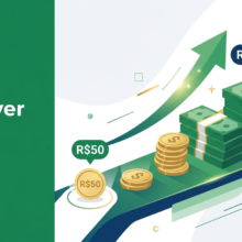 Pilha de dinheiro crescendo de R$ 50 a R$ 8.000, representando evolução de investimento no Clickbank